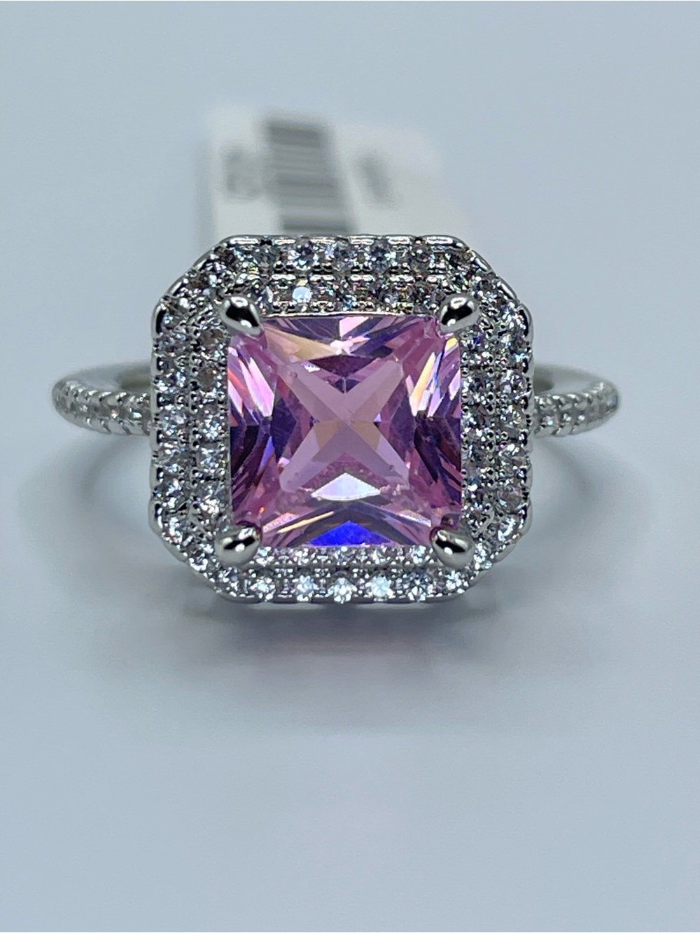 Swarovski Crystal Elements Pink Asscher Cut Crystal Halo Statement Ring Sz 6.5